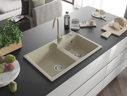 Mexen Tomas Granitspüle 2-beckig mit Küchenarmatur Telma, beige - 6516-69-670200-69
