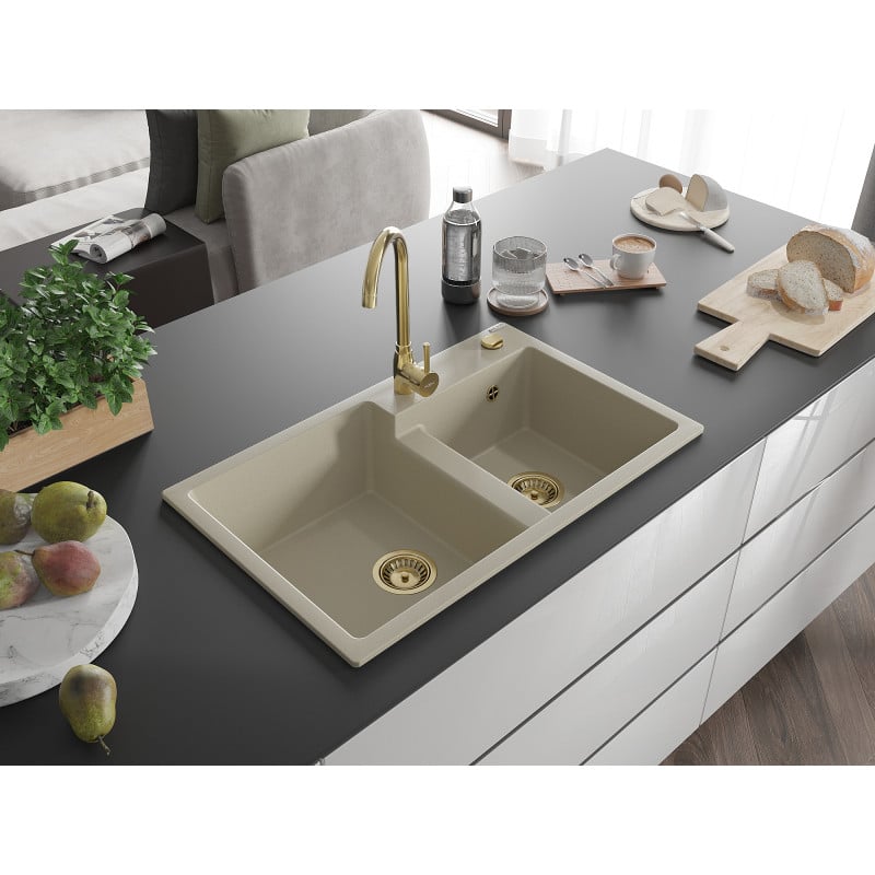 Mexen Tomas Granitspüle 2-Kammer mit Küchenarmatur Telma, beige - 6516-69-670200-50