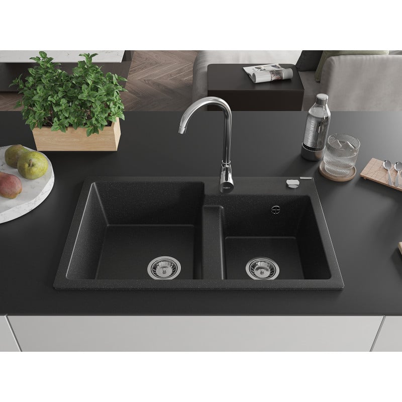 Mexen Tomas Granitspüle 2-beckig mit Küchenarmatur Telma, schwarz/silber metallic - 6516-73-670200-00