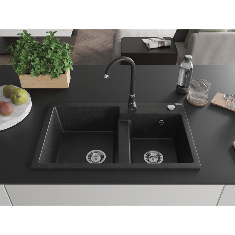 Mexen Tomas Granitspüle 2-Becken mit Küchenarmatur Telma, Schwarz/Silber Metallic - 6516-73-670200-70