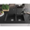 Mexen Tomas Granitspüle 2-Becken mit Küchenarmatur Telma, Schwarz/Silber Metallic - 6516-73-670200-70