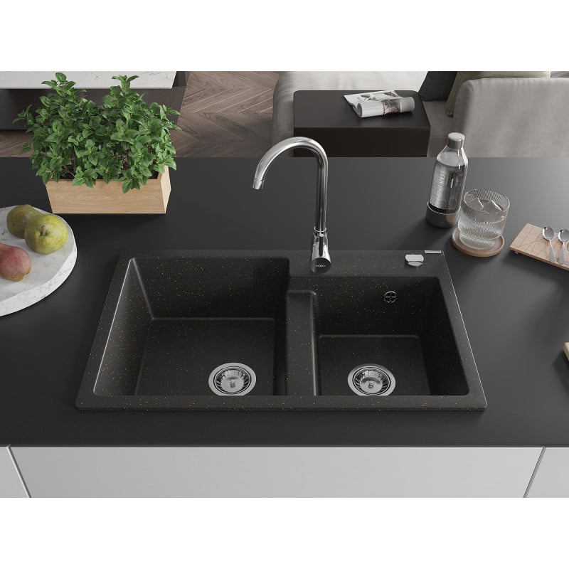 Mexen Tomas Granitspüle 2-Kammer mit Küchenarmatur Telma, schwarz/gold metallic - 6516-75-670200-00