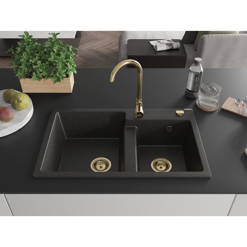 Mexen Tomas Granitspüle 2-becken mit Küchenarmatur Telma, schwarz/gold metallic - 6516-75-670200-50