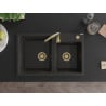 Mexen Tomas Granitspüle 2-becken mit Küchenarmatur Telma, schwarz/gold metallic - 6516-75-670200-50
