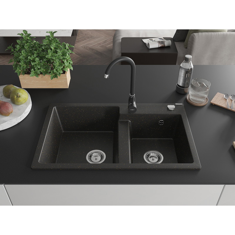 Mexen Tomas Granitspüle 2-Kammern mit Küchenarmatur Telma, Schwarz/Gold Metallic - 6516-75-670200-70
