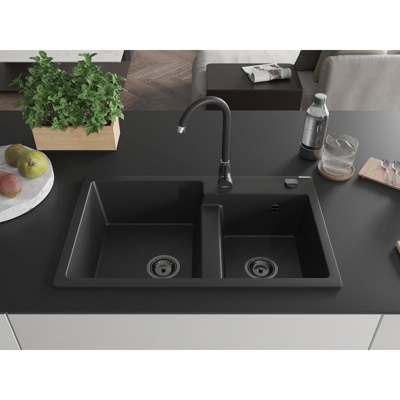 Mexen Tomas Granite-Doppelspüle mit Küchenarmatur Telma, schwarz - 6516-77-670200-70-B