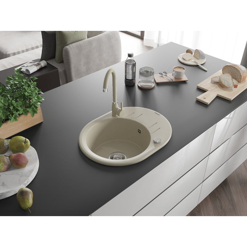 Mexen Kevin Granitspüle 1-Becken mit Abtropffläche und Küchenarmatur Telma, beige - 6517-69-670200-69