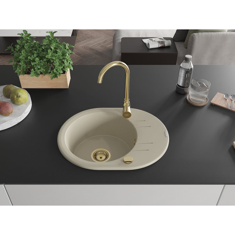 Mexen Kevin Granitspüle 1-Becken mit Abtropffläche und Küchenarmatur Telma, beige - 6517-69-670200-50