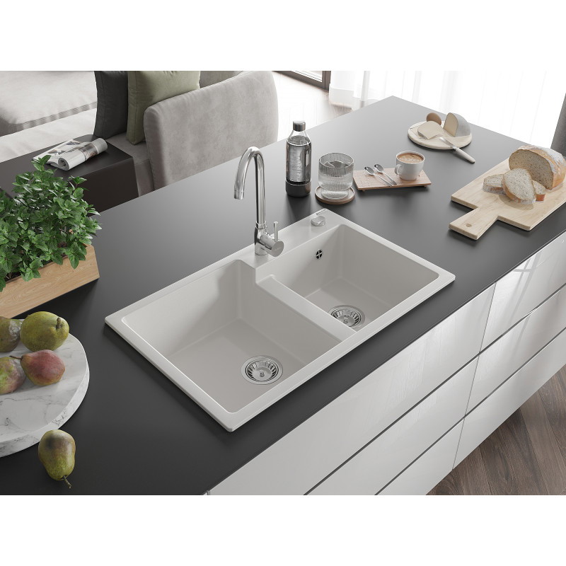Mexen Tomas Granitspüle 2-Becken 800 x 500 mm, weiß, Siphon Chrom - 6516802000-20