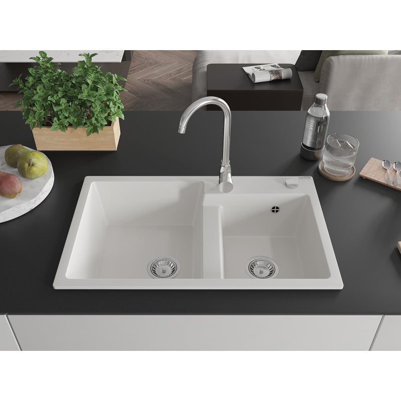 Mexen Tomas Granitspüle 2-beckig 800 x 500 mm, weiß, Siphon Chrom - 6516802000-20