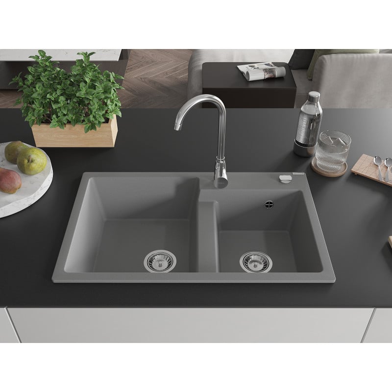 Mexen Tomas Granitspüle 2-Kammer 800 x 500 mm, grau, Siphon Chrom - 6516802000-71