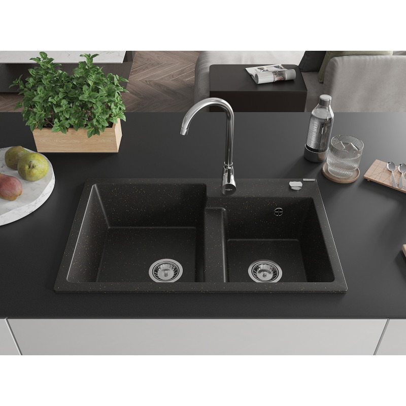 Mexen Tomas Granitspüle 2-Becken 800 x 500 mm, schwarz/gold metallic, Siphon Chrom - 6516802000-75