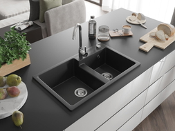 Mexen Tomas Granitspüle 2-Kammer 800 x 500 mm, schwarz, Siphon Chrom - 6516802000-77