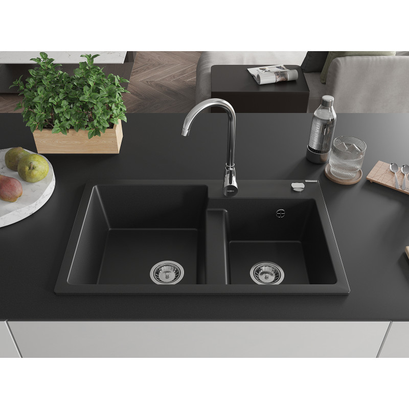 Mexen Tomas Granitspüle 2-Kammer 800 x 500 mm, schwarz, Siphon Chrom - 6516802000-77