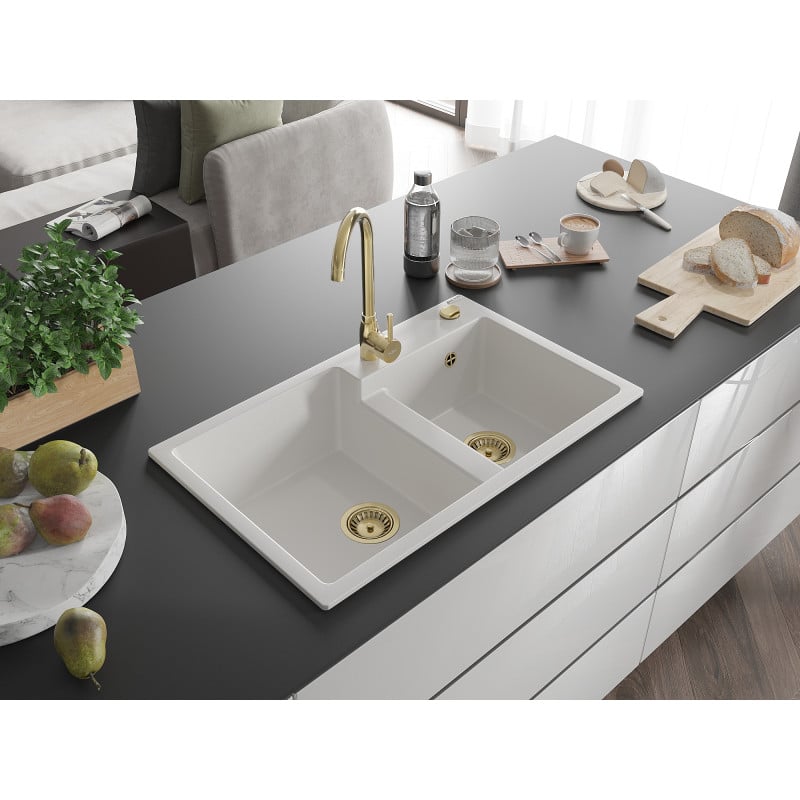 Mexen Tomas Granitspüle 2-Kammer 800 x 500 mm, weiß, Siphon gold - 6516802000-20-G