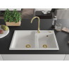 Mexen Tomas Granitspüle 2-Becken 800 x 500 mm, weiß, goldener Siphon - 6516802000-20-G