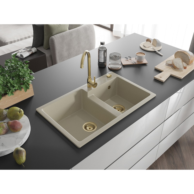 Mexen Tomas Granitspüle 2-beckig 800 x 500 mm, beige, goldener Siphon - 6516802000-69-G