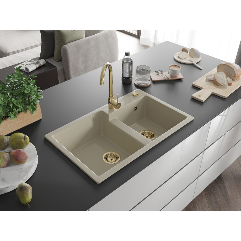 Mexen Tomas Granitspüle 2-Kammer 800 x 500 mm, beige, goldener Siphon - 6516802000-69-G