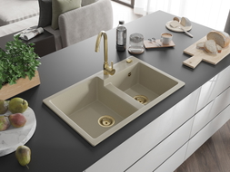 Mexen Tomas Granitspüle 2-Kammern 800 x 500 mm, beige, goldener Siphon - 6516802000-69-G