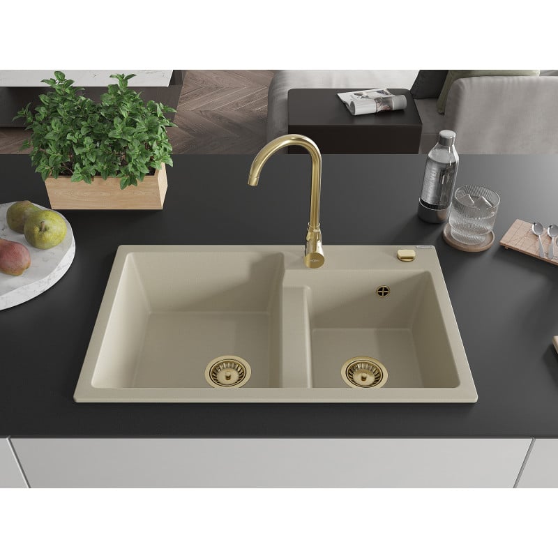 Mexen Tomas Granitspüle 2-Kammer 800 x 500 mm, beige, goldener Siphon - 6516802000-69-G