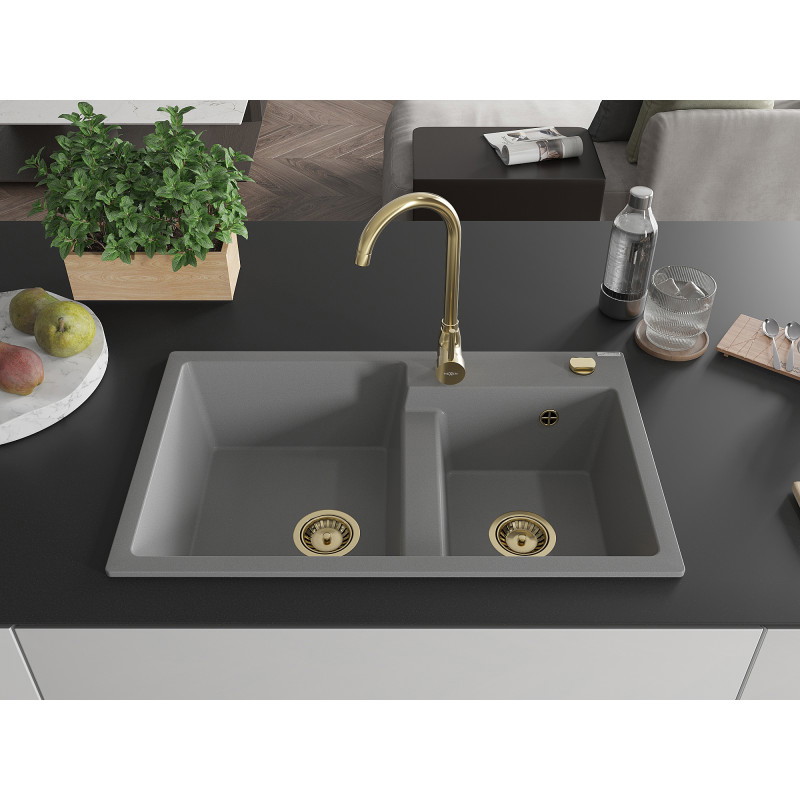 Mexen Tomas Granitspüle 2-Becken 800 x 500 mm, Grau, Goldener Siphon - 6516802000-71-G