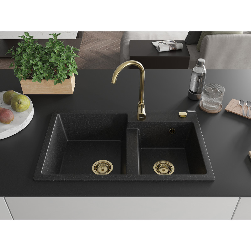 Mexen Tomas Granitspüle 2-Becken 800 x 500 mm, schwarz/silber metallic, Siphon gold - 6516802000-73-G