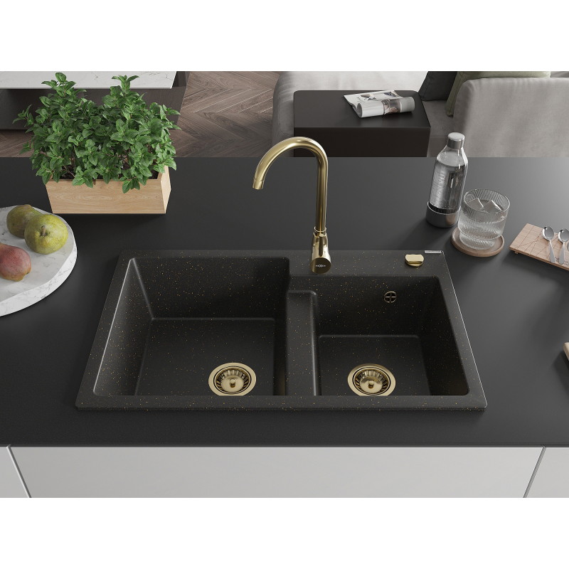 Mexen Tomas Granitspüle 2-fach, 800 x 500 mm, schwarz/goldener Metallic, goldener Siphon - 6516802000-75-G