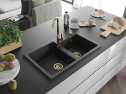 Mexen Tomas 2-Becken-Granit-Spülbecken 800 x 500 mm, Schwarz/Gold metallisch, Siphon Gold - 6516802000-75-G