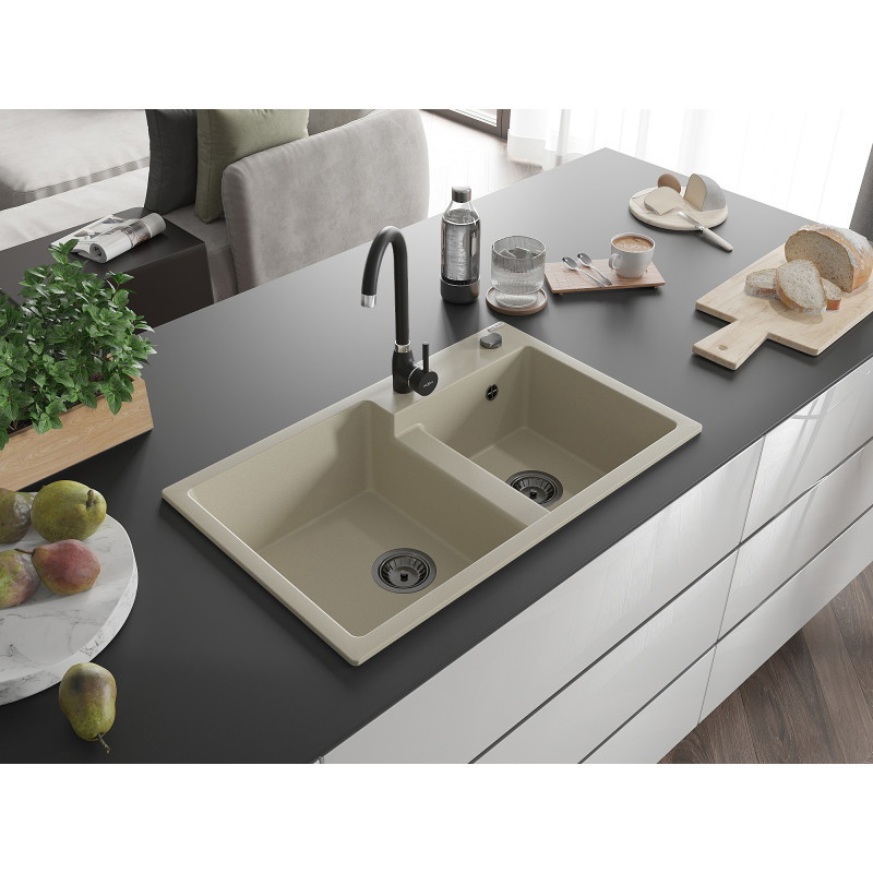 Mexen Tomas Granitspüle 2-becken 800 x 500 mm, beige, schwarzer Siphon - 6516802000-69-B