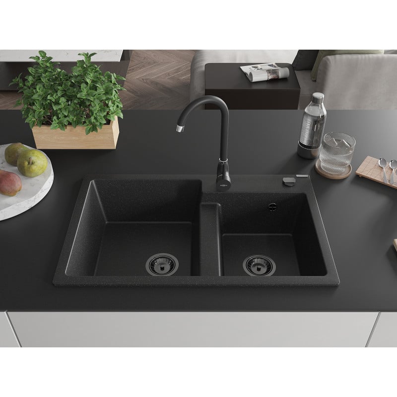 Mexen Tomas Granitspüle 2-Kammer 800 x 500 mm, schwarz/silber Metallic, schwarzer Siphon - 6516802000-73-B