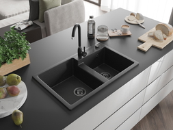 Mexen Tomas Granitspüle 2-Kammer 800 x 500 mm, schwarz/silber Metallic, schwarzer Siphon - 6516802000-73-B