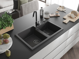 Mexen Tomas Granitspüle 2-Kammer 800 x 500 mm, schwarz gesprenkelt, schwarzer Siphon - 6516802000-76-B