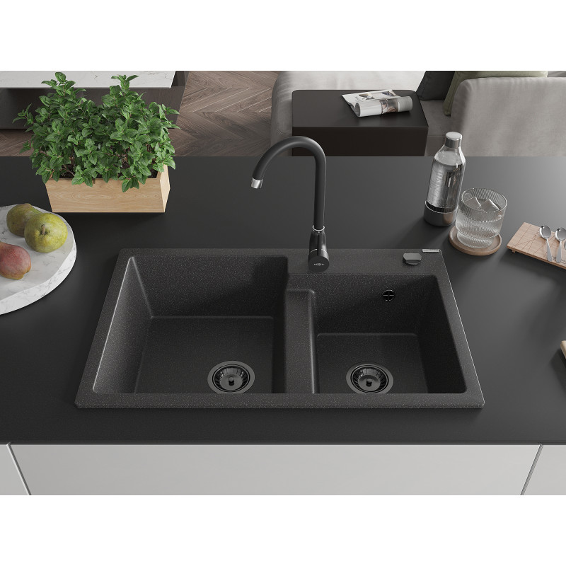 Mexen Tomas Granitspüle 2-Kammer 800 x 500 mm, schwarz gesprenkelt, schwarzer Siphon - 6516802000-76-B