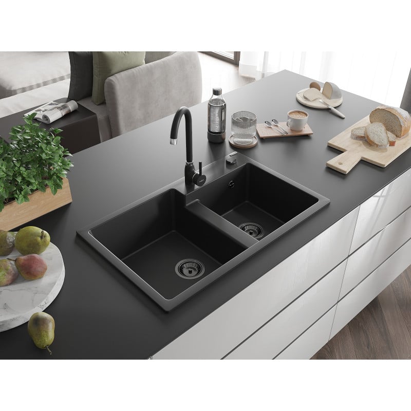 Mexen Tomas Granitspüle 2-Kammer 800 x 500 mm, schwarz, schwarzer Siphon - 6516802000-77-B