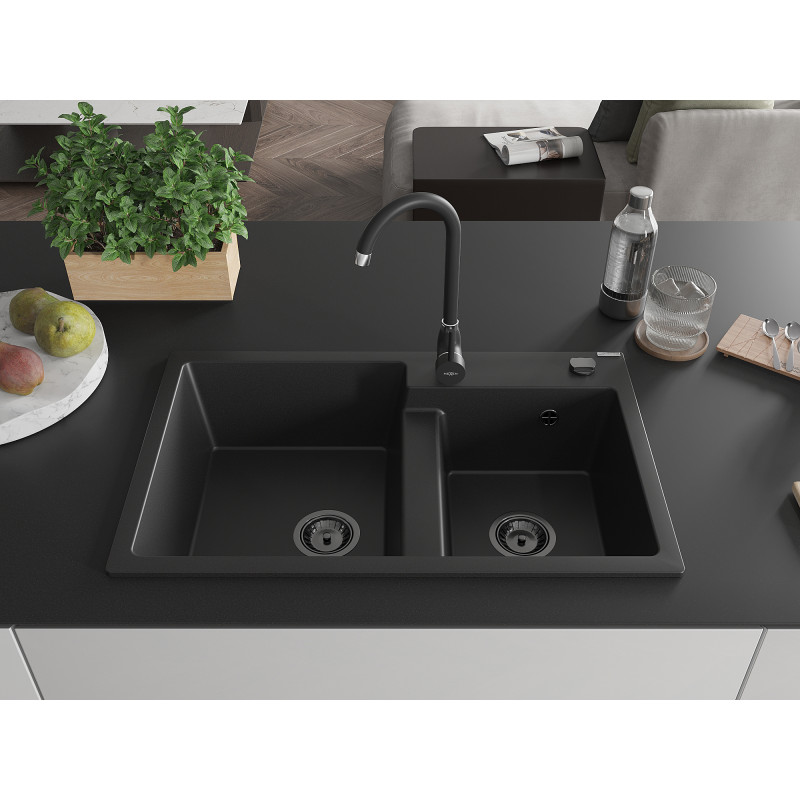 Mexen Tomas Granitspüle 2-Kammer 800 x 500 mm, schwarz, Siphon schwarz - 6516802000-77-B