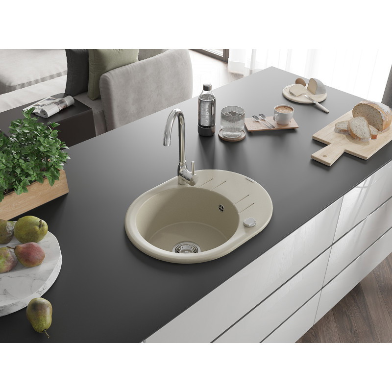 Mexen Kevin Granitspüle 1-Becken mit Abtropffläche 586 x 458 mm, beige, Siphon Chrom - 6517581005-69