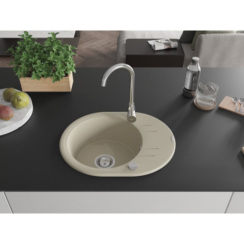 Mexen Kevin Granitspüle 1-Becken mit Abtropffläche 586 x 458 mm, beige, Siphon Chrom - 6517581005-69