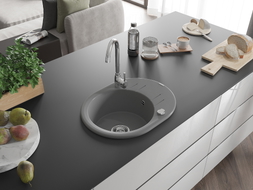 Mexen Kevin Granitspüle 1-beckig mit Abtropffläche 586 x 458 mm, grau, Syphon chrom - 6517581005-71