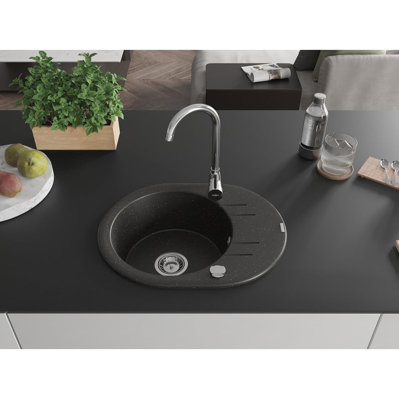 Mexen Kevin Granitspüle 1-Becken mit Abtropffläche 586 x 458 mm, schwarz/gold metallic, Chrom-Siphon - 6517581005-75