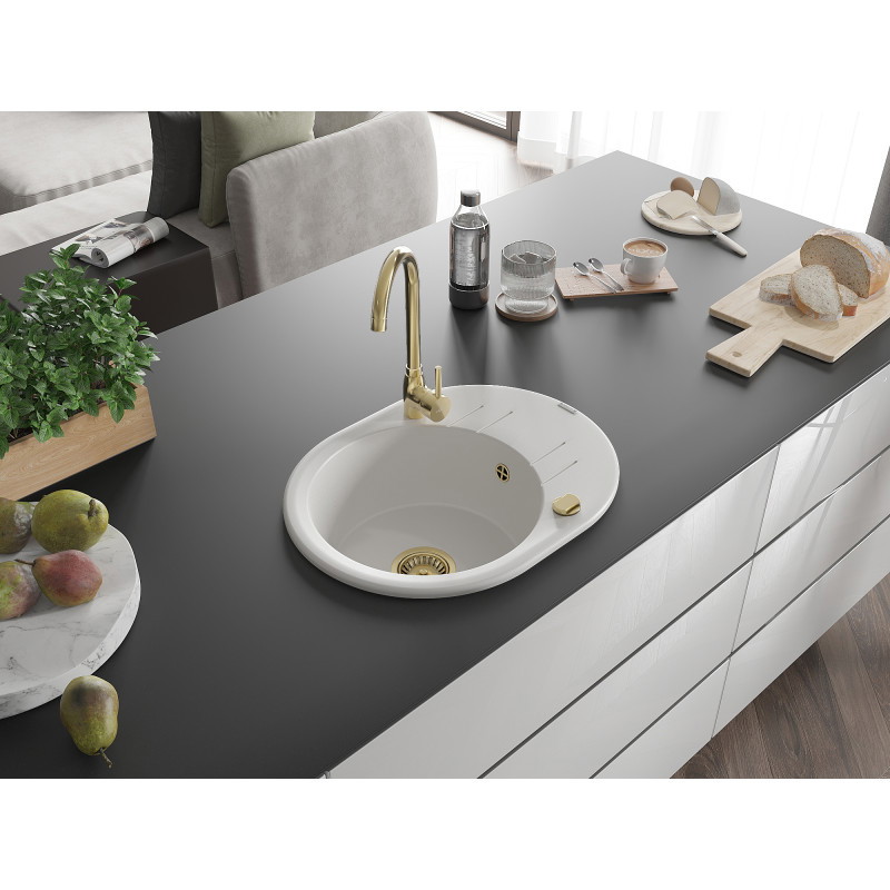 Mexen Kevin Granitspüle einbecken mit Abtropffläche 586 x 458 mm, weiß, Siphon gold - 6517581005-20-G