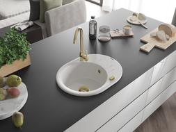 Mexen Kevin Granitspüle 1-Becken mit Abtropffläche 586 x 458 mm, weiß, Siphon gold - 6517581005-20-G
