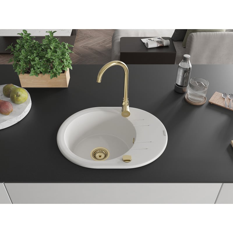 Mexen Kevin Granitspüle 1-Becken mit Abtropffläche 586 x 458 mm, weiß, Siphon gold - 6517581005-20-G