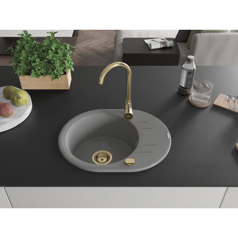 Mexen Kevin Granitspüle 1-Becken mit Abtropffläche 586 x 458 mm, grau, goldener Siphon - 6517581005-71-G
