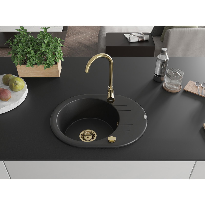 Mexen Kevin Granitspüle 1-Becken mit Abtropffläche 586 x 458 mm, schwarz, goldener Siphon - 6517581005-77-G