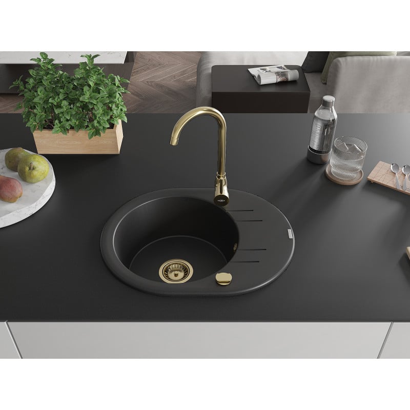 Mexen Kevin Granitspüle 1-beckig mit Abtropffläche 586 x 458 mm, schwarz, goldener Siphon - 6517581005-77-G