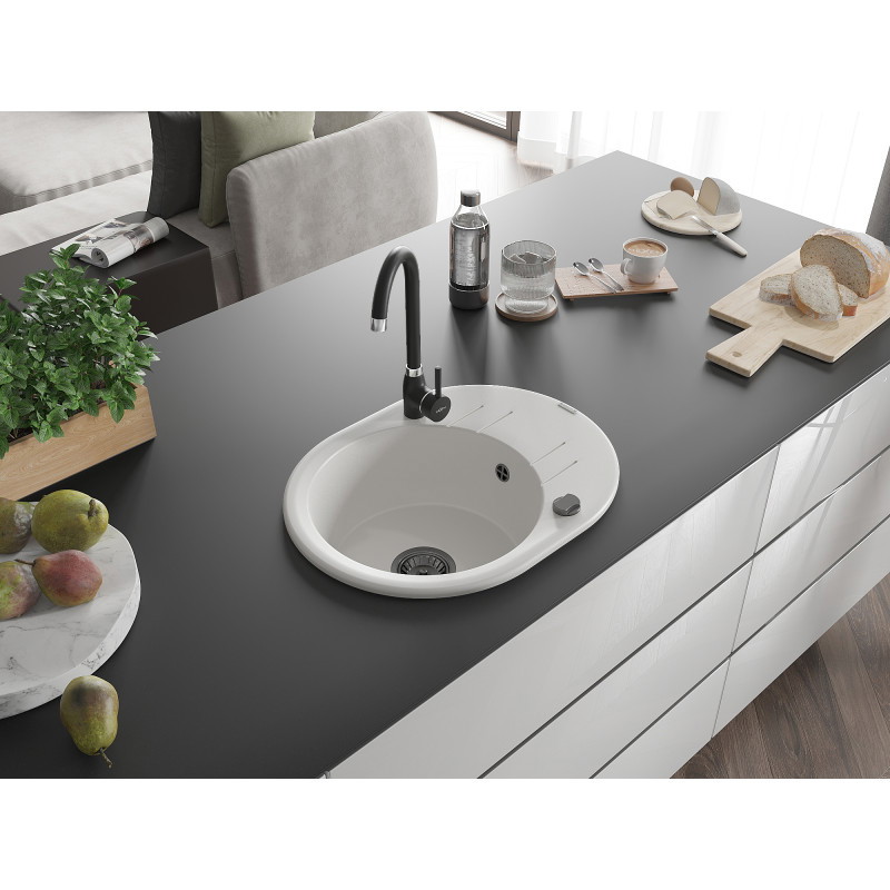 Mexen Kevin granitspüle 1-beckig mit Abtropffläche 586 x 458 mm, weiß, schwarzer Siphon - 6517581005-20-B
