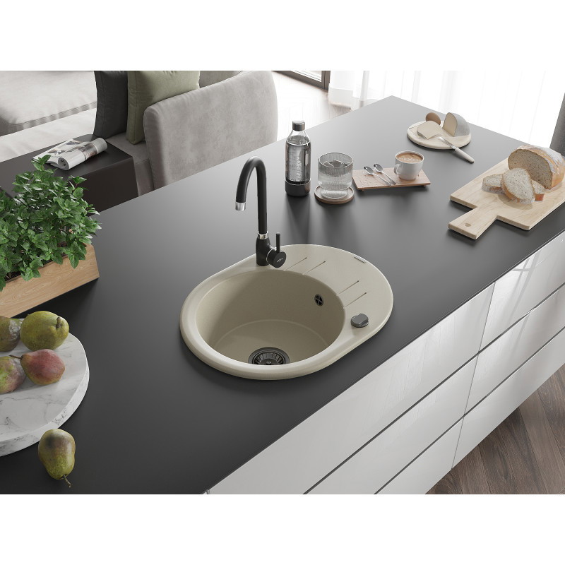 Mexen Kevin Granitspüle 1-Becken mit Abtropffläche 586 x 458 mm, beige, schwarzer Siphon - 6517581005-69-B