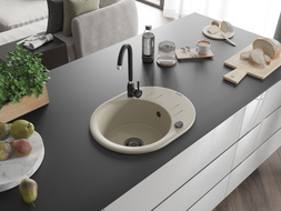 Mexen Kevin Granitspüle 1-Becken mit Abtropffläche 586 x 458 mm, beige, schwarzer Siphon - 6517581005-69-B