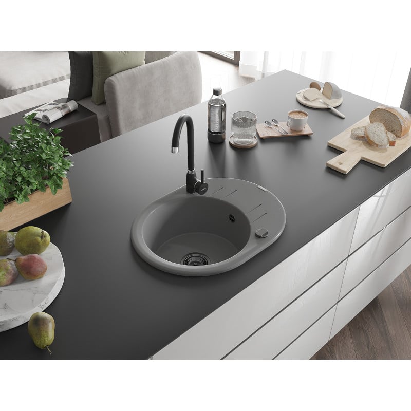 Mexen Kevin Granitspüle 1-becken mit Abtropffläche 586 x 458 mm, grau, schwarzer Siphon - 6517581005-71-B