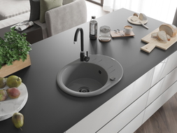 Mexen Kevin Granitspüle 1-becken mit Abtropffläche 586 x 458 mm, grau, schwarzer Siphon - 6517581005-71-B
